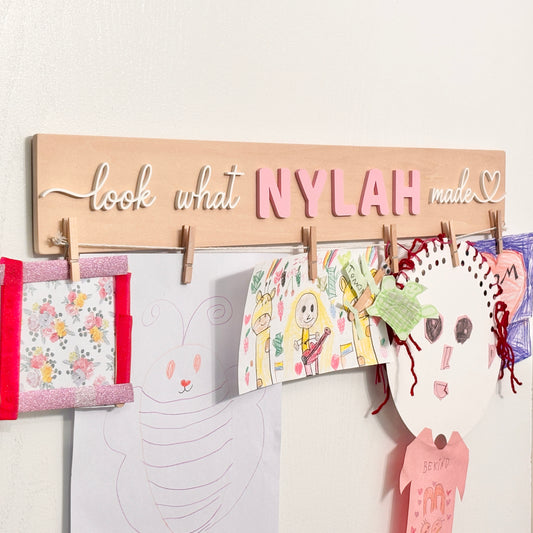Personalized Kids Artwork & Craft Display Board with Wooden Clothespins, Custom Name and Colour