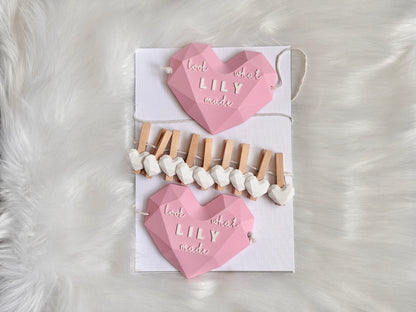 Personalized double heart artwork display with clips