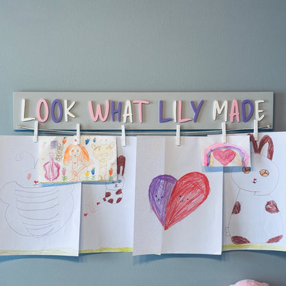 Personalized "Look what I made" sign with clips, Custom name artwork display