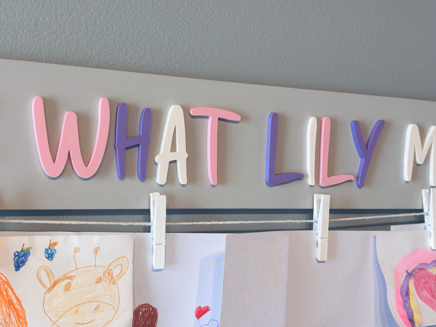 Personalized "Look what I made" sign with clips, Custom name artwork display
