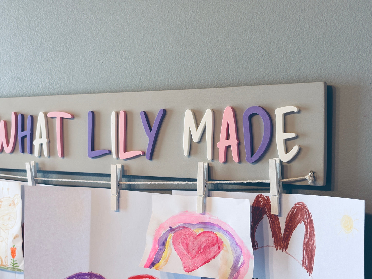 Personalized "Look what I made" sign with clips, Custom name artwork display