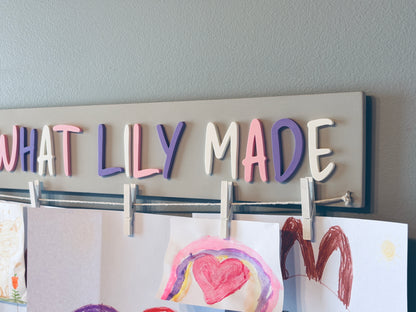 Personalized "Look what I made" sign with clips, Custom name artwork display