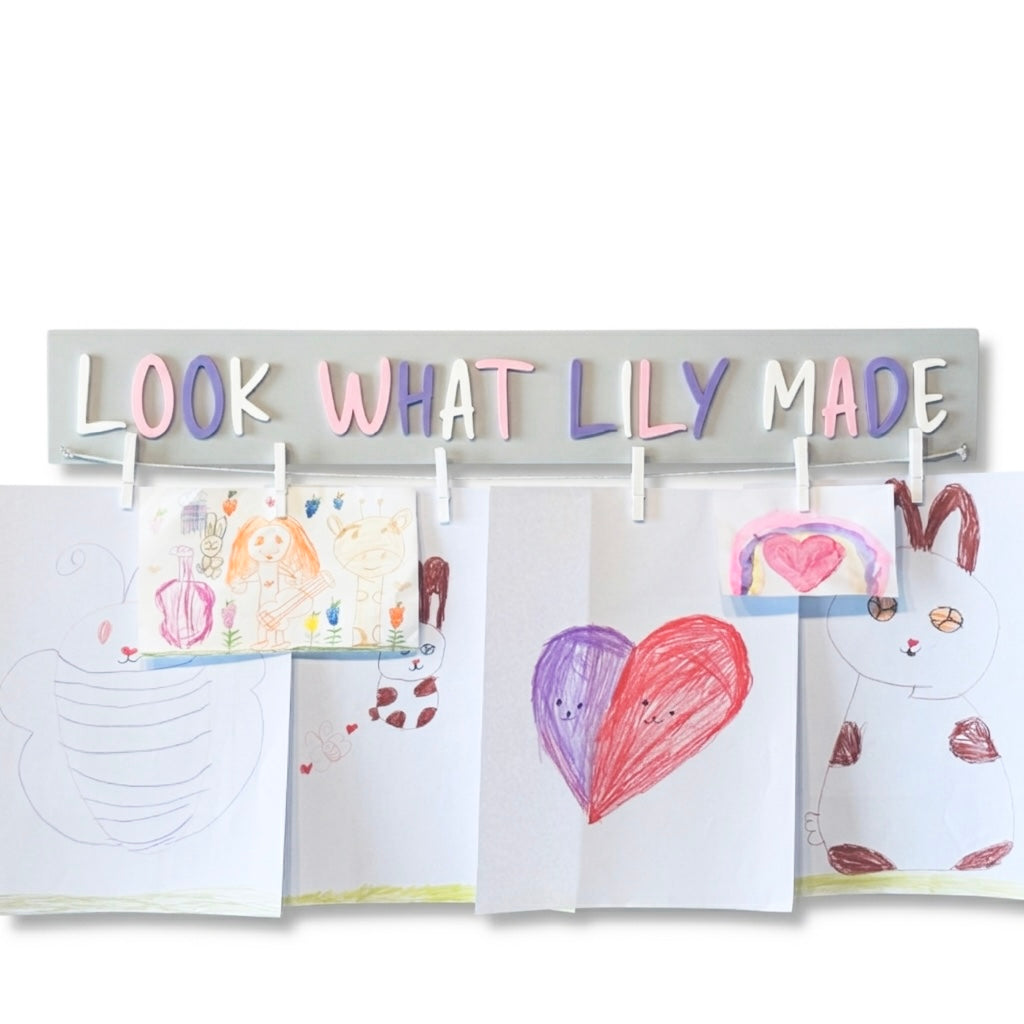Personalized "Look what I made" sign with clips, Custom name artwork display