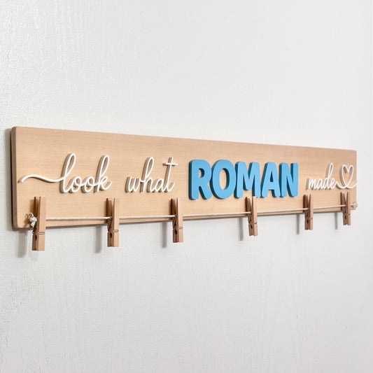 Personalized Kids Artwork & Craft Display Board with Wooden Clothespins, Custom Name and Colour