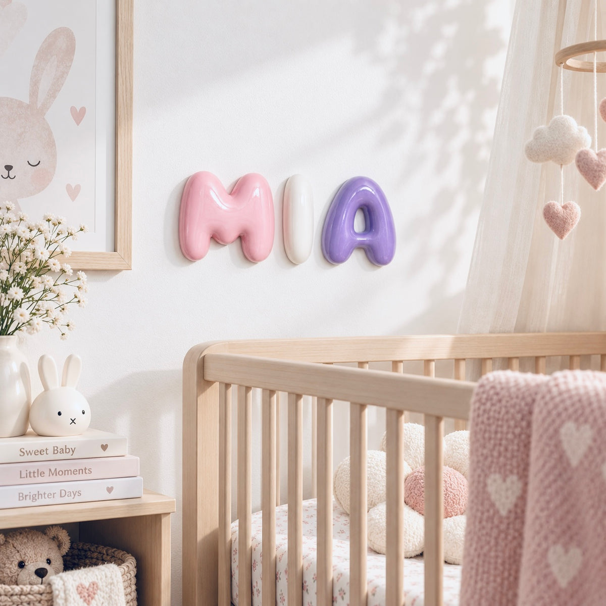 Glossy pink white and purple 3D bubble letters for a personalized girls name sign and nursery wall decor