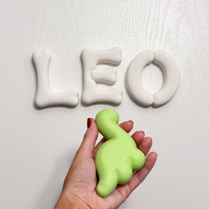 Close-up of personalized dinosaur name wall letters with chunky rounded 3D shape