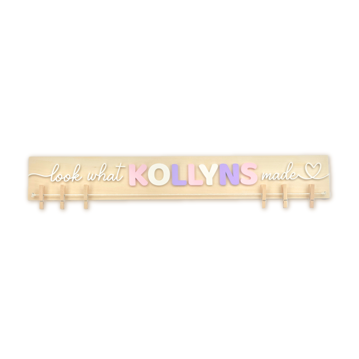 Look what I made wooden sign with clothespins, natural solid wood base and pink, purple, and white letters
