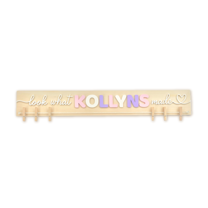 Look what I made wooden sign with clothespins, natural solid wood base and pink, purple, and white letters