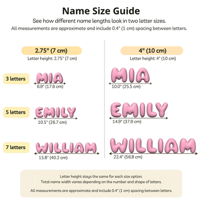 Name size guide for personalized 3D bubble letters in two heights: 2.75" (7 cm) and 4" (10 cm). Green puffy letters show MIA (3 letters), EMILY (5 letters), and WILLIAM (7 letters), with approximate total widths ranging from 6.9" to 22.4" (17.6–56.8 cm), including 0.4" (1 cm) spacing between letters.