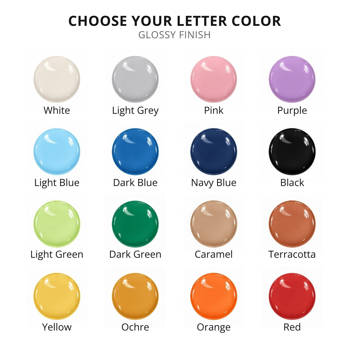 Glossy 3D bubble letter color chart with 16 available colors