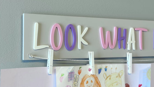 Personalized "Look what I made" sign with clips, Custom name artwork display